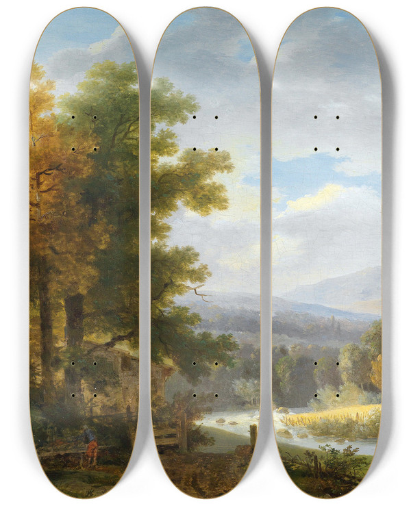 Triptych art skateboard deck of Wolfgang Adam Tpffer Holzarbeiter Vor Weiter Landschaft by Wolfgang Adam Topffer (1766-1847)