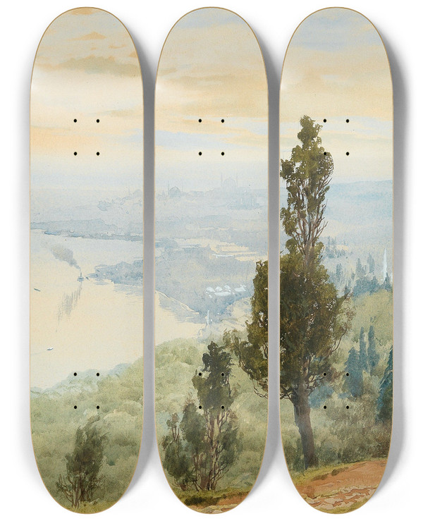 Triptych art skateboard deck of Albert Nikolaevich Benois A View Of Istanbul From Eyp Cemetery by Albert Nikolaevich Benois (1852-1936)