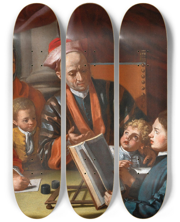 Triptych art skateboard deck of Giuseppe Bonito The Lesson by Giuseppe Bonito (1707-1789)