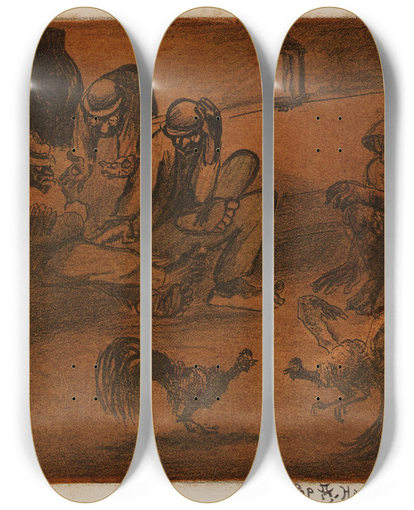 Triptych art skateboard deck of George Overbury Hart The Gamblers by George Overbury Hart (1868-1933)