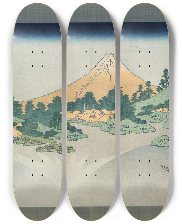 Triptych art skateboard deck of Katsushika Hokusai Thirtysix Views Of Mt Fuji The Surface Of Lake Misaka In Kai Province by Katsushika Hokusai (1760-1849)