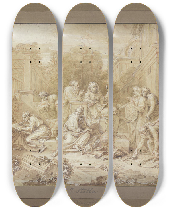 Triptych art skateboard deck of Michel Corneille The Younger Aspasia Im Gesprch Mit Philosophen by Michel Corneille The Younger (1642-1708)