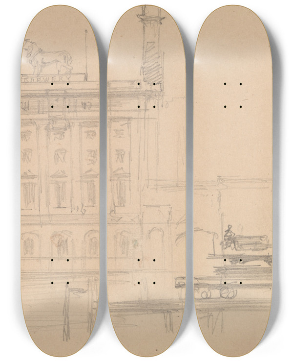 Triptych art skateboard deck of David Roberts The Lion Brewery On The Thames by David Roberts (1796-1864)