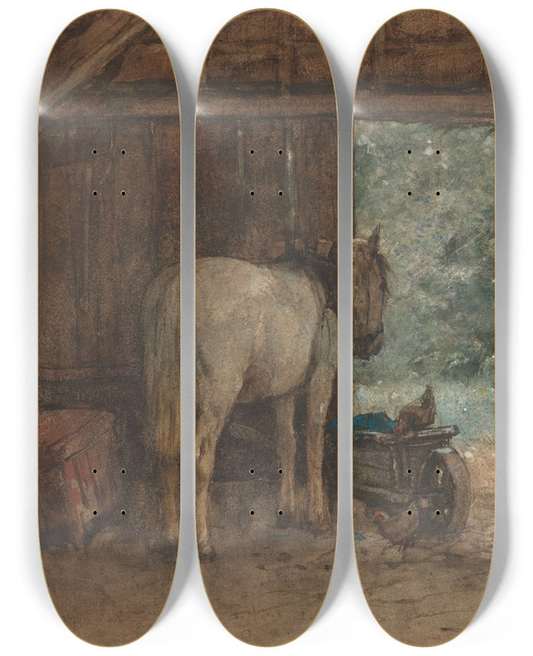 Triptych art skateboard deck of Anton Mauve Paard In Een Stal Bij Een Open Staldeur by Anton Mauve (1838-1888)