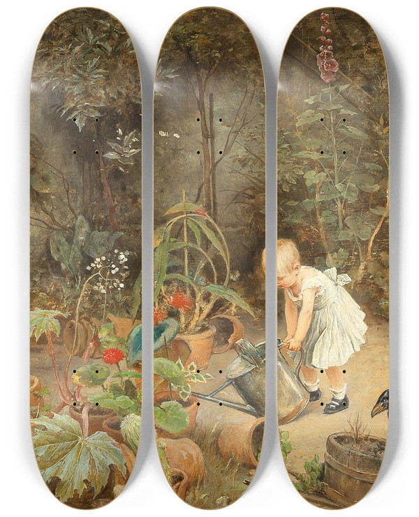 Triptych art skateboard deck of Carl Frschl The Little Gardener by Carl Froschl (1848-1934)