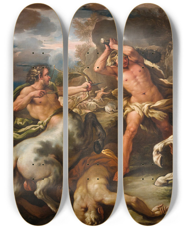 Triptych art skateboard deck of Giuseppe Simonelli Battle Of The Centaurs Against The Lapiths by Giuseppe Simonelli (1650-1710)
