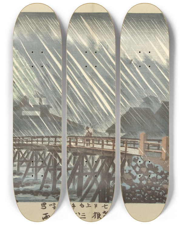 Triptych art skateboard deck of Kobayashi Kiyochika Rain At Sanmaibashi In Hakone by Kobayashi Kiyochika (1847-1915)