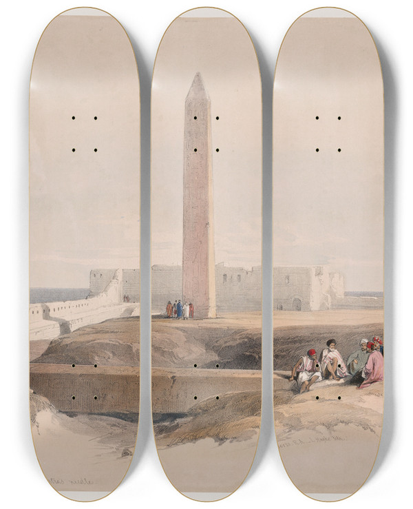 Triptych art skateboard deck of David Roberts Obelisk At Alexandria Commonly Called Cleopatras Needle by David Roberts (1796-1864)