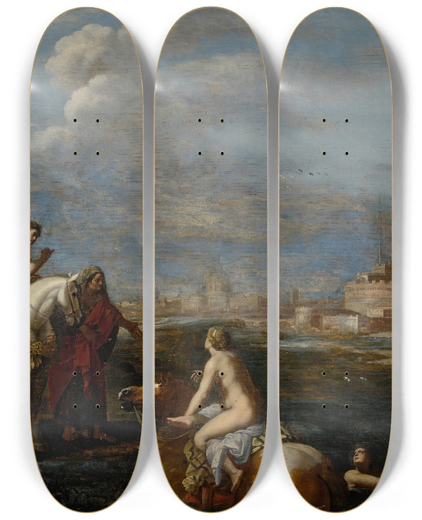Triptych art skateboard deck of Cornelis Van Poelenburch The Flight Of Cloelia by Cornelis Van Poelenburch (1594-1667)