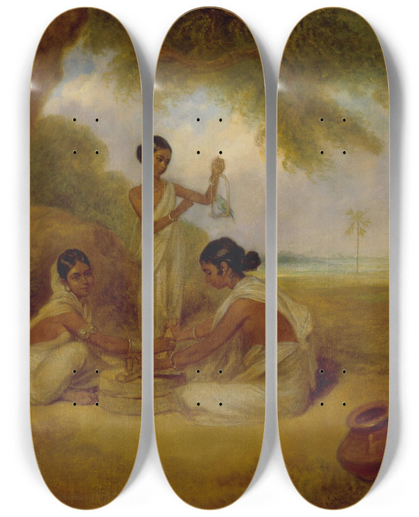 Triptych art skateboard deck of Arthur William Devis Grinding Corn by Arthur William Devis (1762-1822)
