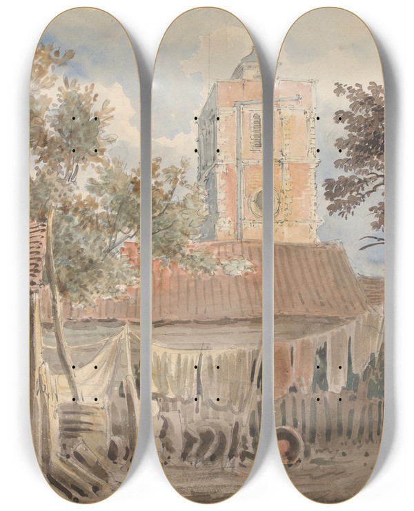Triptych art skateboard deck of George Sidney Shepherd Wandshorst Church Surrey by George Sidney Shepherd (1784-1862)