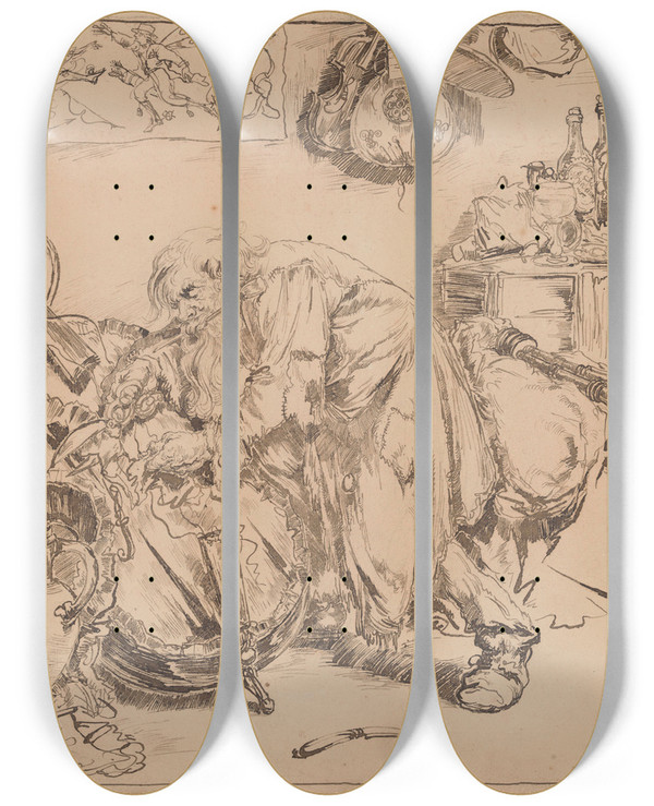 Triptych art skateboard deck of Willem Linnig The Younger The Violin Maker by Willem Linnig the Younger (1842-1890)