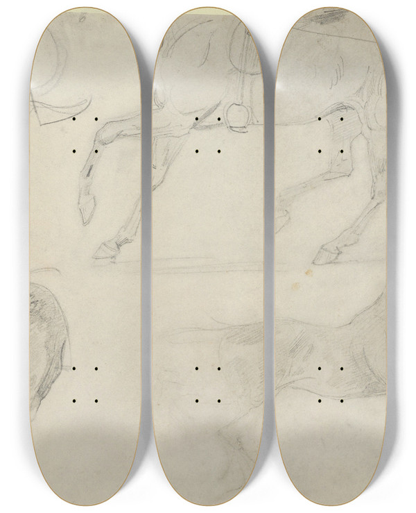 Triptych art skateboard deck of Eugne Delacroix Four Studies Of Horses by Eugene Delacroix (1798-1863)