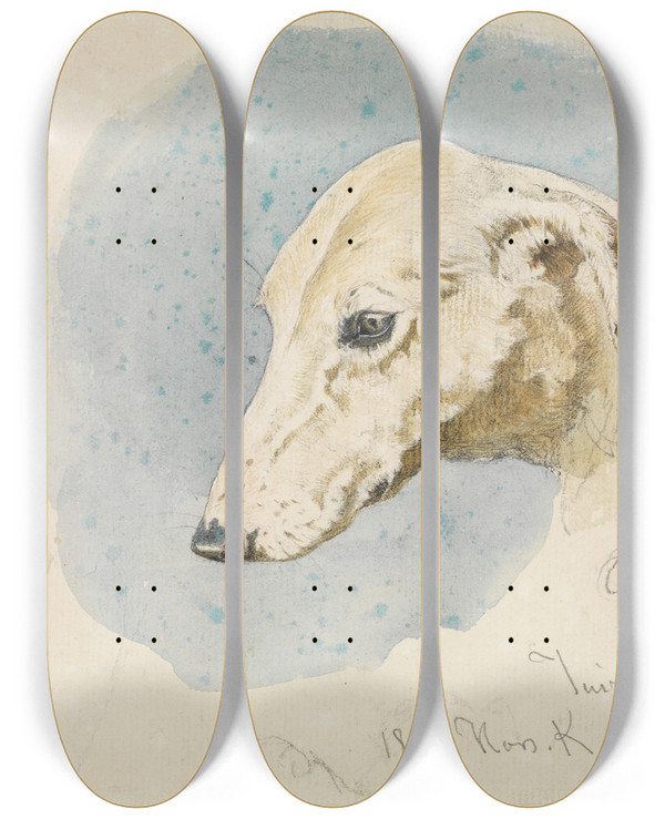 Triptych art skateboard deck of Ferdinand Keller Studienblatt Mit Hundekpfen by Ferdinand Keller (1842-1922)