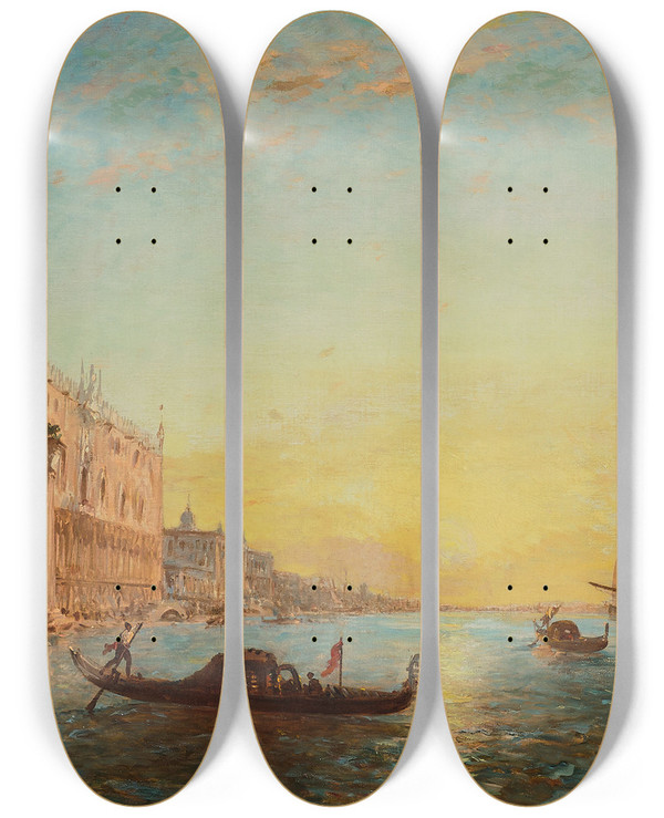 Triptych art skateboard deck of Flix Ziem Soleil Levant Devant La Piazzetta Et Le Palais Des Doges Venise by Felix Ziem (1821-1911)