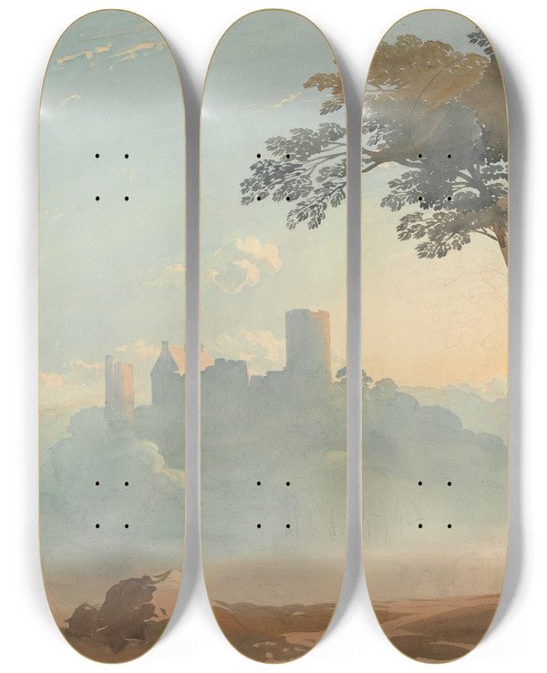 Triptych art skateboard deck of John Varley The Castle On The Hill by John Varley (1778-1842)