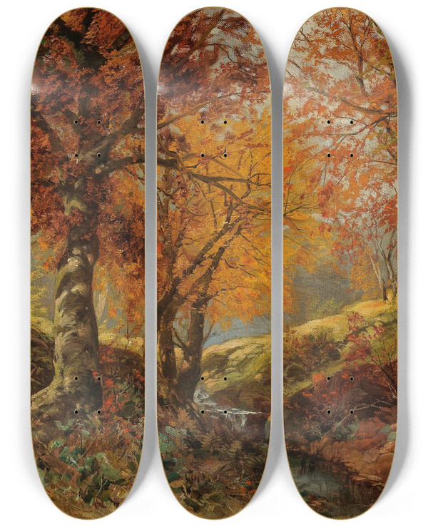 Triptych art skateboard deck of Karl Vikas A Forest Glade In Autumn by Karl Vikas (1875-1934)