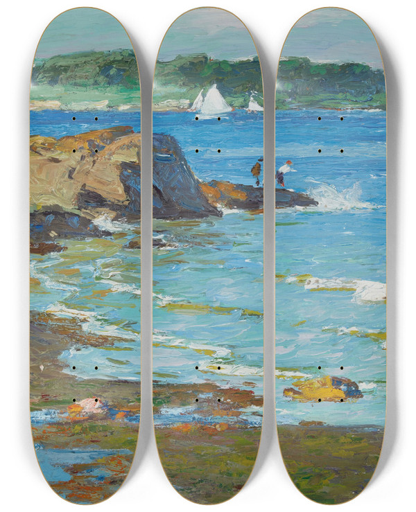Triptych art skateboard deck of Edward Henry Potthast The Inlet by Edward Henry Potthast (1857-1927)