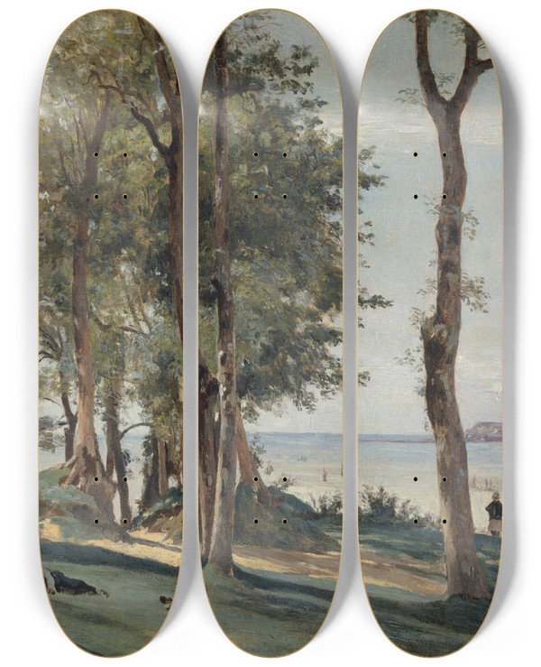 Triptych art skateboard deck of Jeanbaptistecamille Corot Honfleur Calvary by Jean-Baptiste-Camille Corot (1796-1875)