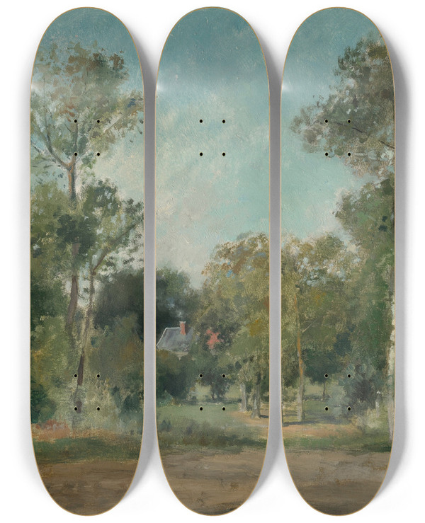 Triptych art skateboard deck of Stanislas Lpine Paysage Bois by Stanislas Lepine (1835-1892)