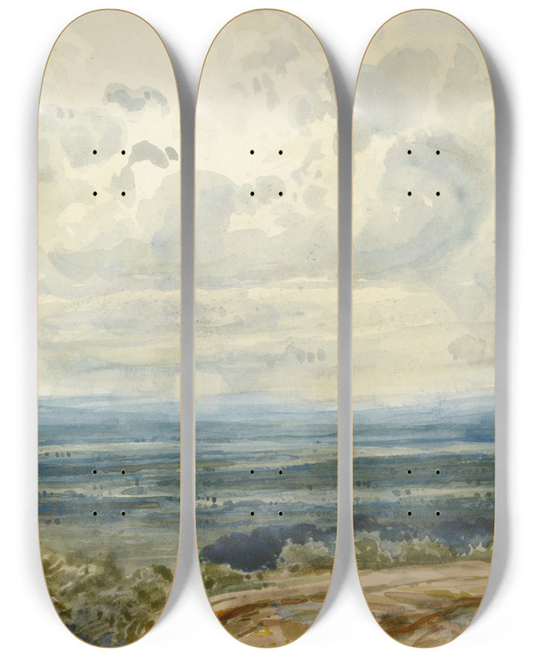 Triptych art skateboard deck of Paul Huet View Of A Valley In Normandy by Paul Huet (1803-1869)