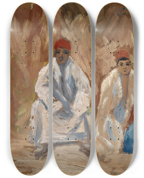Triptych art skateboard deck of Ernst Schiess Vier Hockende Beduinen by Ernst Schiess (1872-1919)