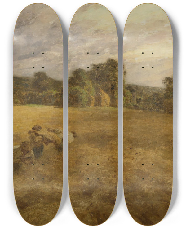 Triptych art skateboard deck of Lon Augustin Lhermitte Lorage En Moisson by Lon Augustin Lhermitte (1844-1925)