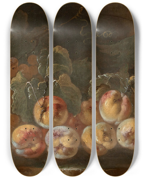 Triptych art skateboard deck of Giovanni Paolo Castelli Pches Et Raisins Sur Un Entablement by Giovanni Paolo Castelli (1659-1730)
