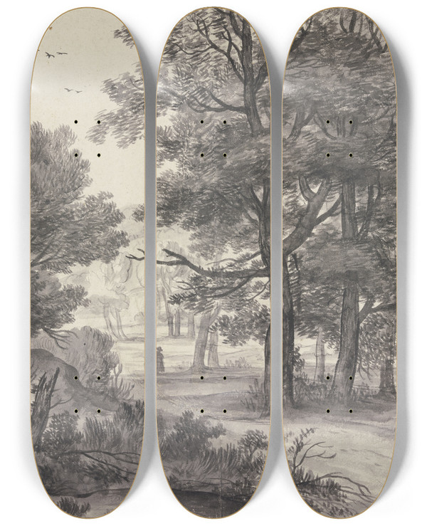 Triptych art skateboard deck of Roelant Roghman Waldpartie Auf Dem Weg Zwei Figuren Links Oben Mehrere Raben by Roelant Roghman (1627-1692)