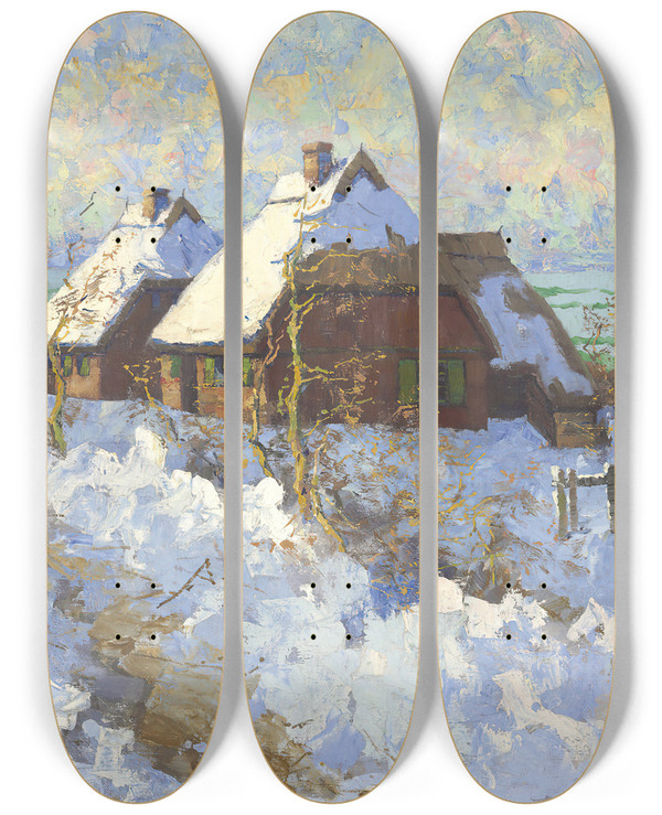 Triptych art skateboard deck of Elisabeth Von Eicken Winter Landscape by Elisabeth Von Eicken (1862-1940)