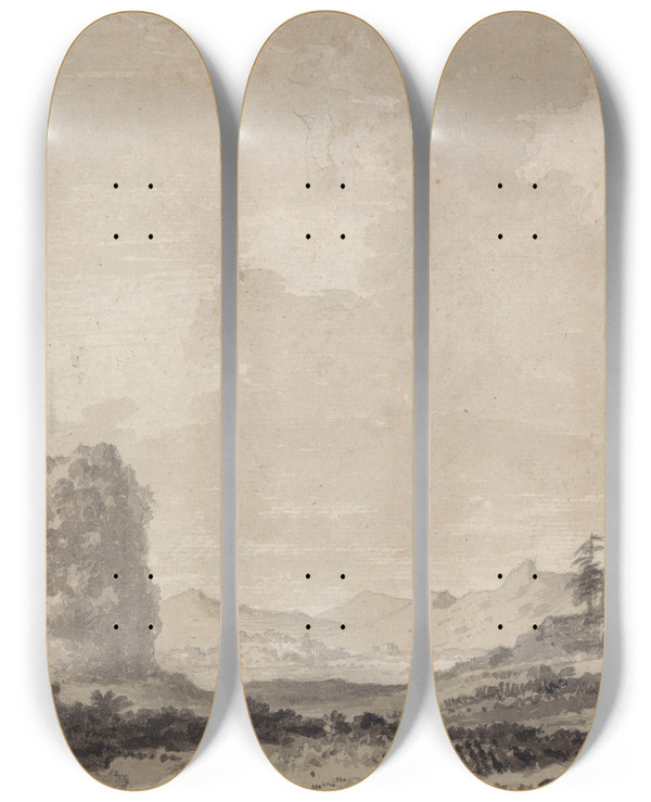 Triptych art skateboard deck of Alexander Cozens A Valley by Alexander Cozens (1717-1786)