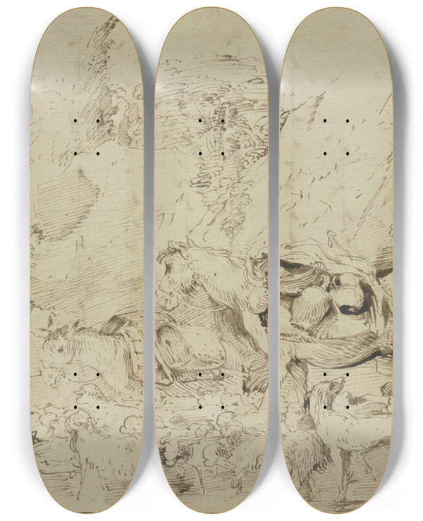 Triptych art skateboard deck of Giovanni Benedetto Castiglione Hirten Mit Pferd Esel Und Schafherde In Einer Felsenlandschaft by Giovanni Benedetto Castiglione (1609-1664)