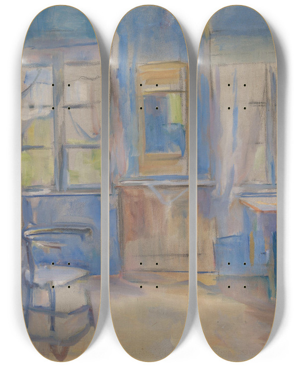 Triptych art skateboard deck of Harriet Backer Interior From Einabu In Foldal by Harriet Backer (1845-1932)