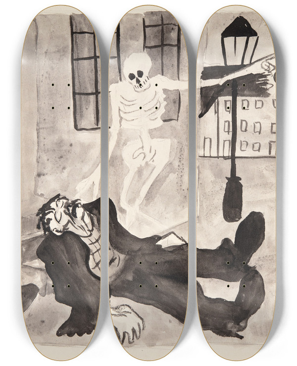Triptych art skateboard deck of Robert Storm Petersen Dden Og Drankeren by Robert Storm Petersen (1882-1949)