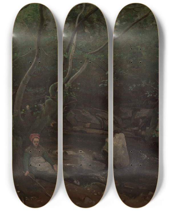 Triptych art skateboard deck of Jeanbaptistecamille Corot Lormes Goatgirl Sitting Beside A Stream In A Forest by Jean-Baptiste-Camille Corot (1796-1875)
