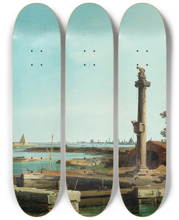 Triptych art skateboard deck of Canaletto A Lock A Column And A Church Beside A Lagoon by Canaletto (1697-1768)