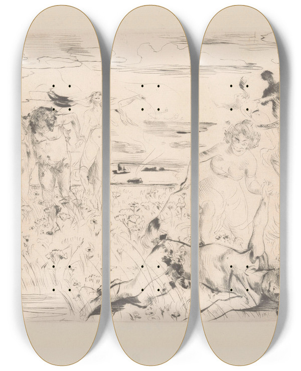 Triptych art skateboard deck of Lovis Corinth Uitgelaten Bacchanten In Een Veld by Lovis Corinth (1858-1925)
