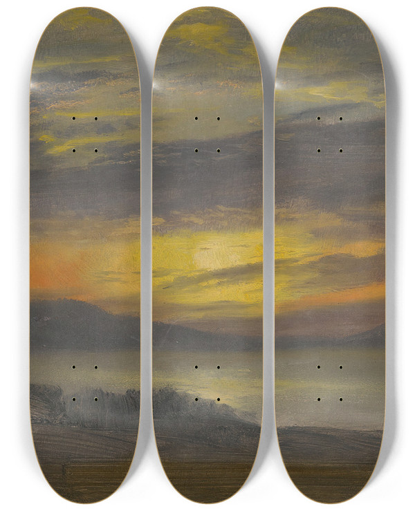 Triptych art skateboard deck of Albert Bierstadt Sunset by Albert Bierstadt (1830-1902)