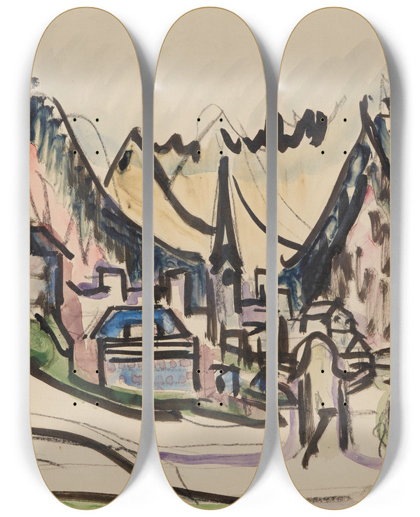 Triptych art skateboard deck of Ernst Ludwig Kirchner Davos Im Winter by Ernst Ludwig Kirchner (1880-1938)