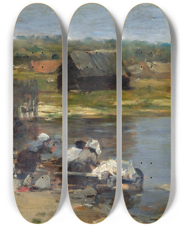 Triptych art skateboard deck of Eugne Boudin Washerwomen At The Edge Of The Pond by Eugene Boudin (1824-1898)