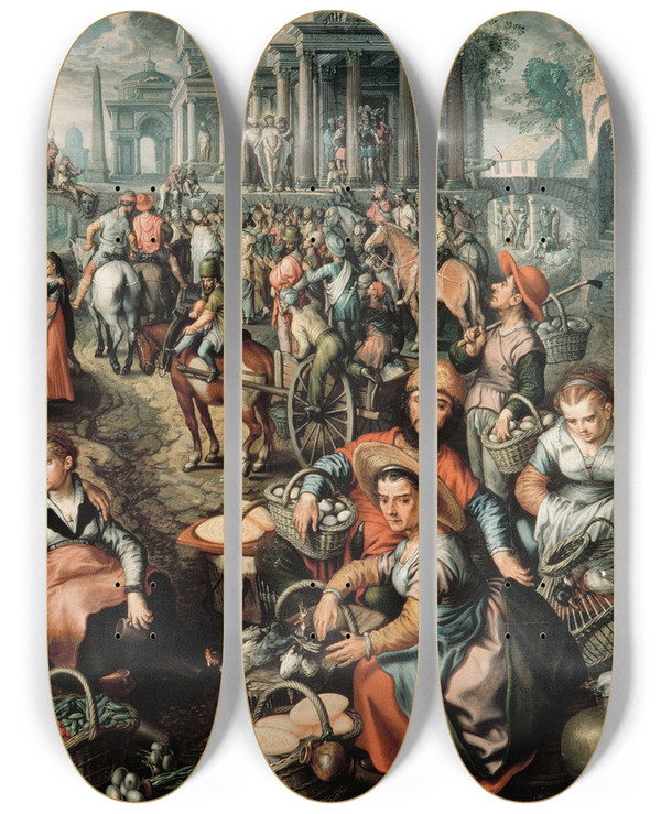 Triptych art skateboard deck of Joachim Beuckelaer Market Scene Ecce Homo The Flagellation And The Carrying Of The Cross by Joachim Beuckelaer (1530-1574)