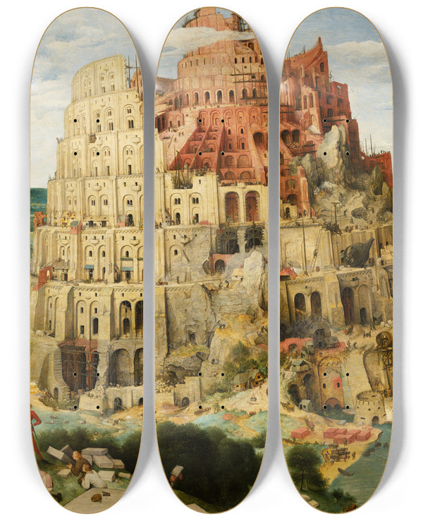 Triptych art skateboard deck of Pieter Bruegel The Elder The Tower Of Babel Vienna by Pieter Bruegel The Elder (1525-1569)