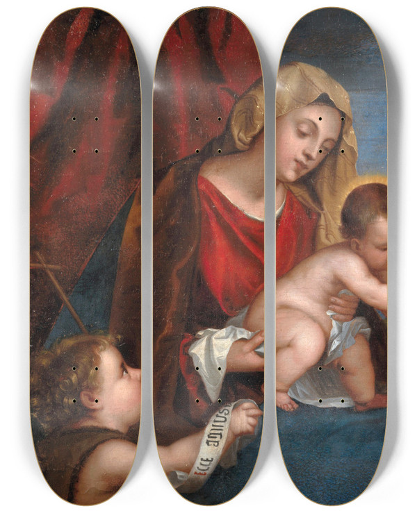 Triptych art skateboard deck of Venetian School The Mystical Marriage Of Saint Catherine by Venetian School