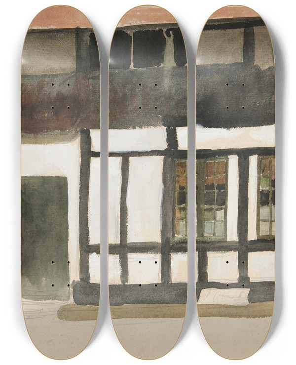 Triptych art skateboard deck of Edwin Austin Abbey Sketch Of Exterior Of A Tudorhouse by Edwin Austin Abbey (1852-1911)
