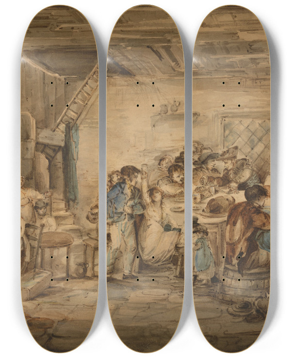 Triptych art skateboard deck of Nicholas Pocock Interior Of An Inn by Nicholas Pocock (1740-1821)