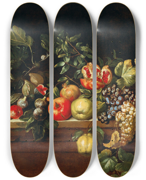Triptych art skateboard deck of Agostino Verrocchio Apples Grapes Figs And Pomegranates And Other Fruit On A Ledge by Agostino Verrocchio (1586-1659)