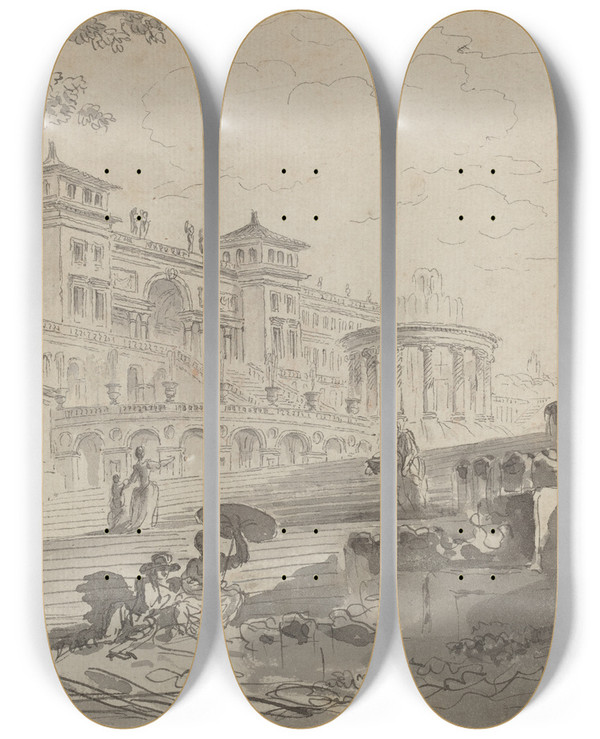Triptych art skateboard deck of Pierre Lelu Fantasy On The Villa Medici With Fountains by Pierre Lelu (1741-1810)