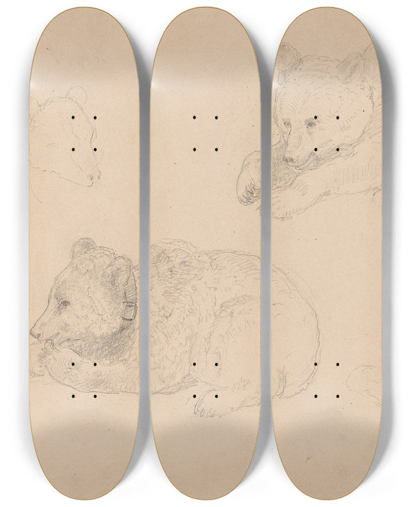 Triptych art skateboard deck of Adolph Tidemand Studies Of Bear Cubs by Adolph Tidemand (1814-1876)