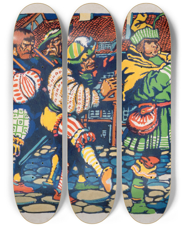 Triptych art skateboard deck of Winold Reiss Graphic Designs For The Modern Art Collector Magazine Medieval Festival Theme by Winold Reiss (1886-1953)