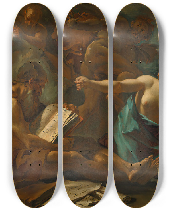 Triptych art skateboard deck of Sebastiano Ricci The Temptation Of Saint Anthony_1 by Sebastiano Ricci (1659-1734)